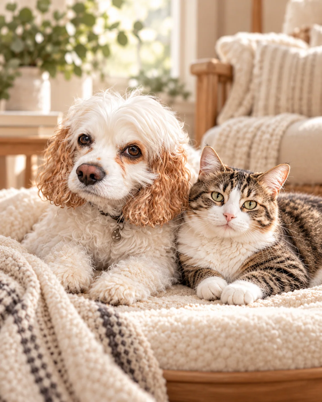 A golden retriever and a tabby companion resting together on a soft blanket.